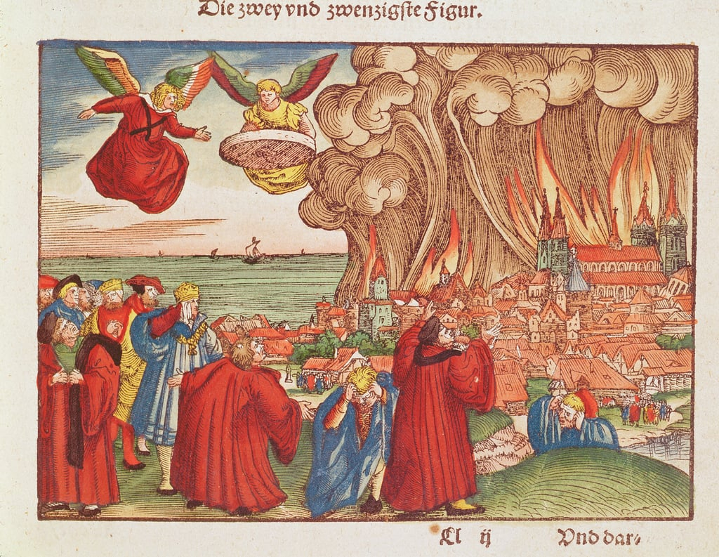 German School - Revelation 18 Babylon burning 1st edition from the Luther Bible c1530 (coloure...jpg